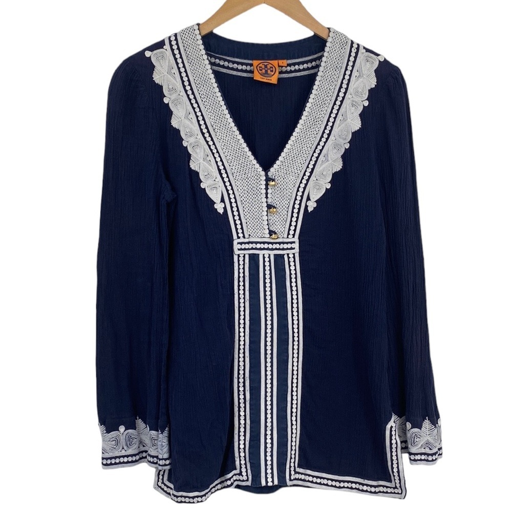 Tory Burch Tunic Blouse Top Womens Size 8 Blue White Lace Long Sleeves V Neck